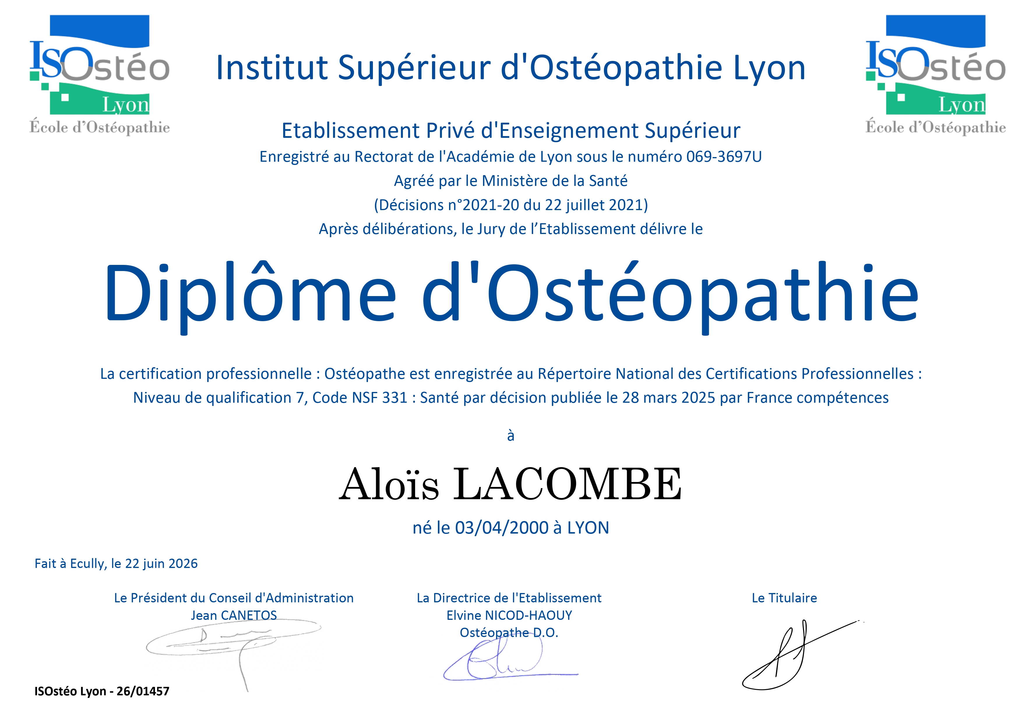 Diplôme d'Ostéopathe d'Aloïs Lacombe