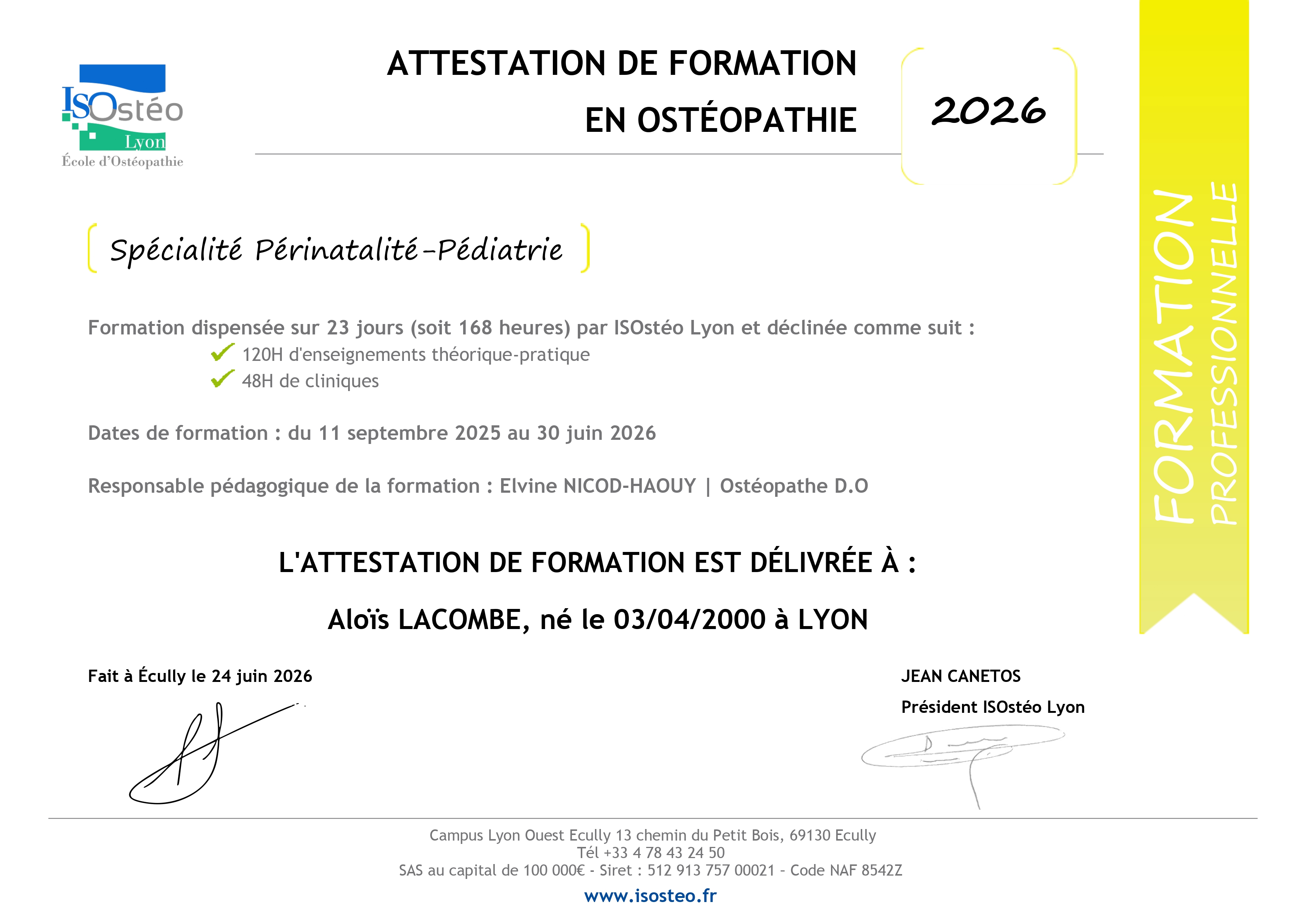 Attestation de spécialisation en pédiatrie d'Aloïs Lacombe